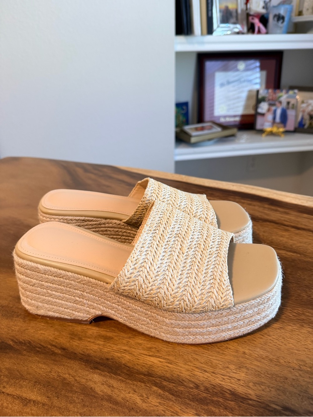 Woven Platform Slide Sandals in Natural
